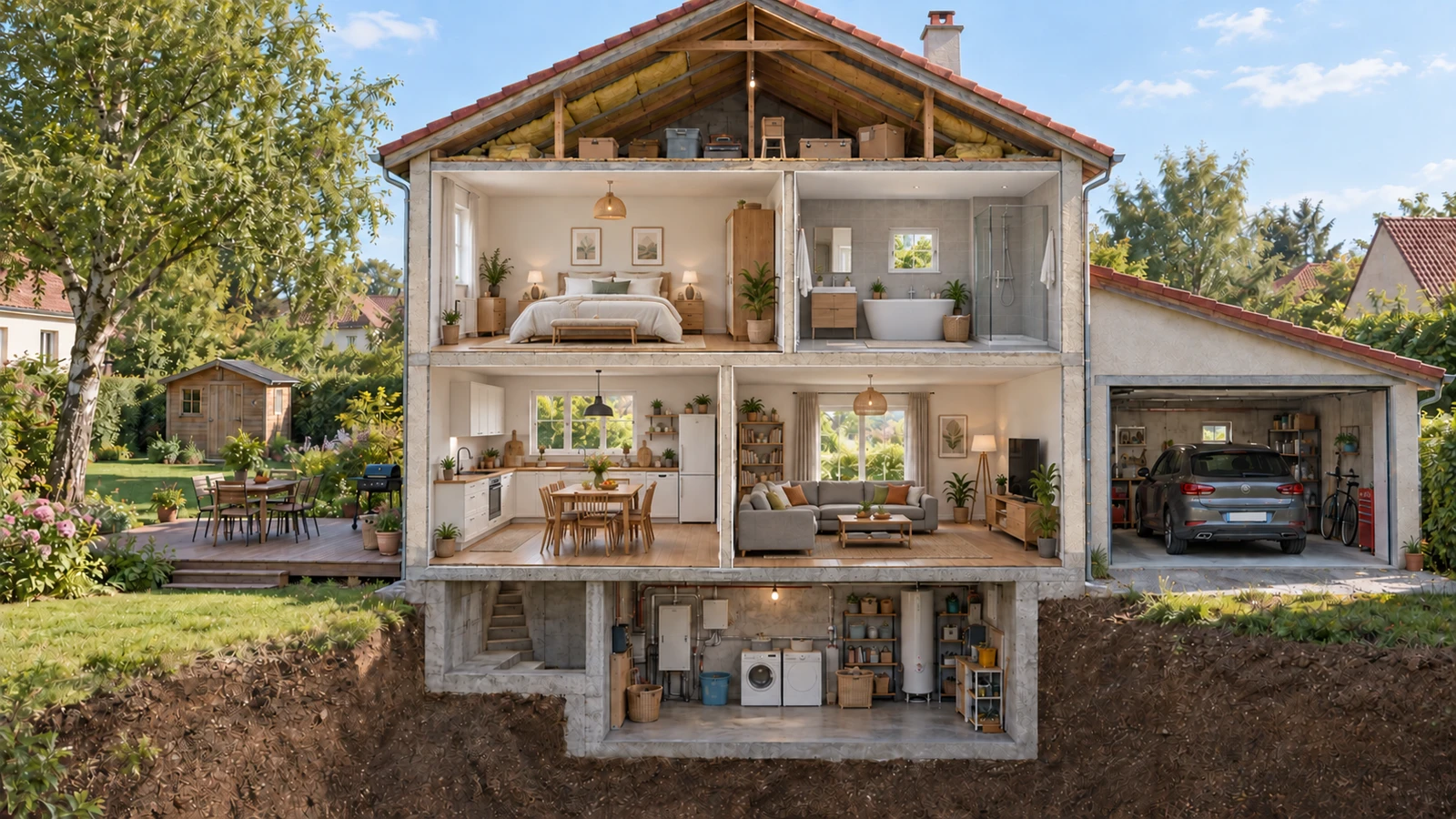 Cutaway of the house: attic, bedroom, bathroom, kitchen, living room, basement, garage, patio and yard