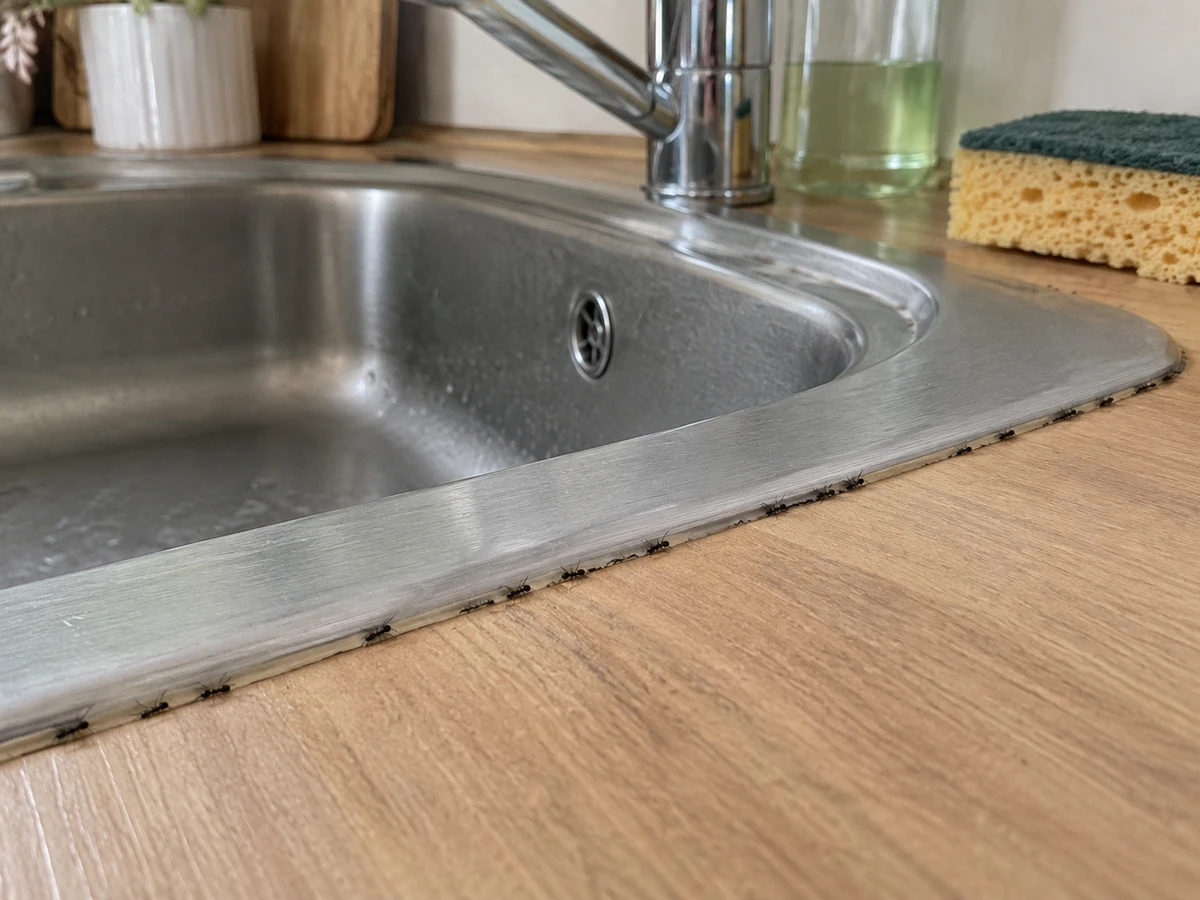 A single-file line of ants along the edge of the sink: identification photo (ants)