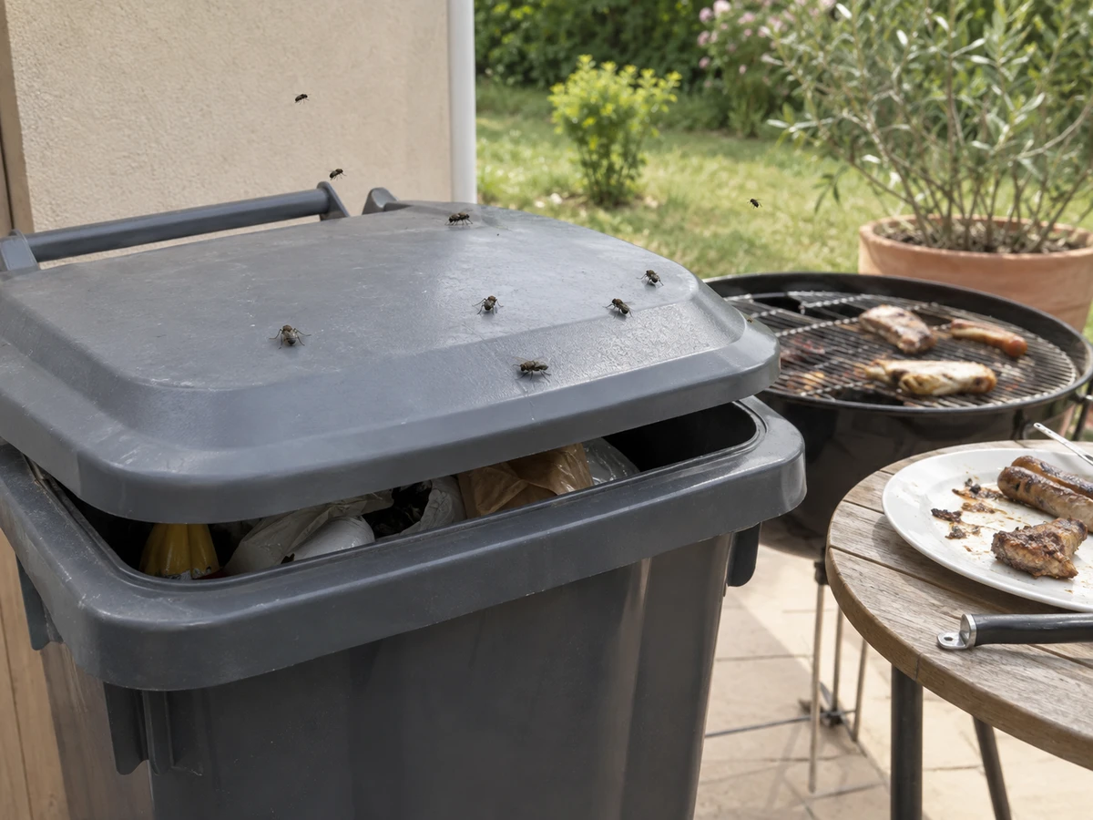 Flies around the trash can and the grill leftovers: identification photo (flies & gnats)