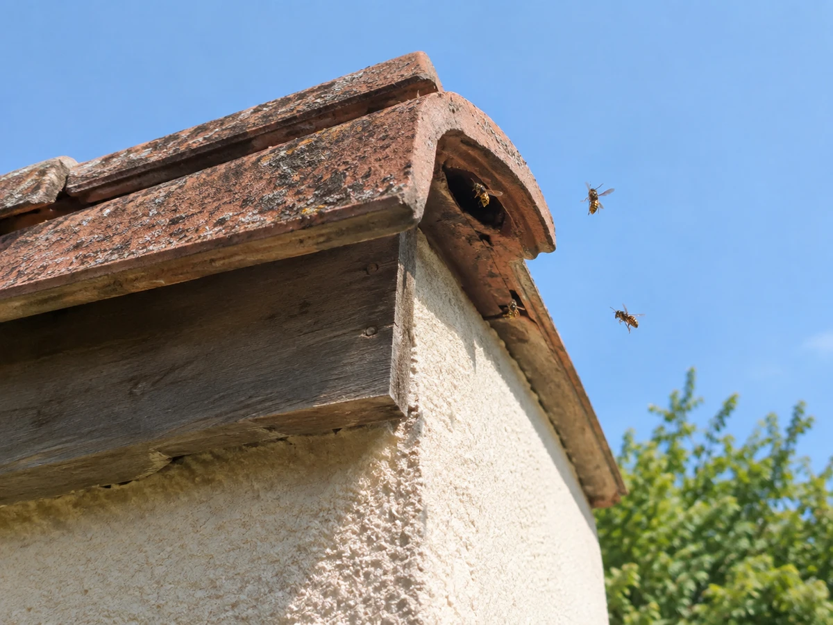 Wasps flying in and out of a gap under the roof edge: identification photo (wasps & hornets)